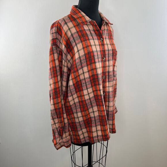 Vintage Time Less Red / Orange Plaid Wool Flannel Button-Up Shirt Long Sleeve L - Picture 3 of 7
